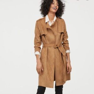 H&M Faux Suede Dark Beige Belted Trench Coat